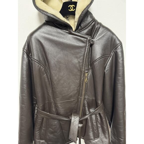Wilsons Leather Jacket Womens Small Hooded Faux Shearling Belted Coat - Picture 2 of 12